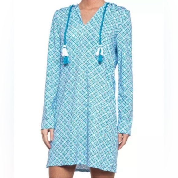 CABANA LIFE Preppy Blue/Pink Geo Drawstring Hooded Coverup Dress UPF 50 Size M - Picture 2 of 8